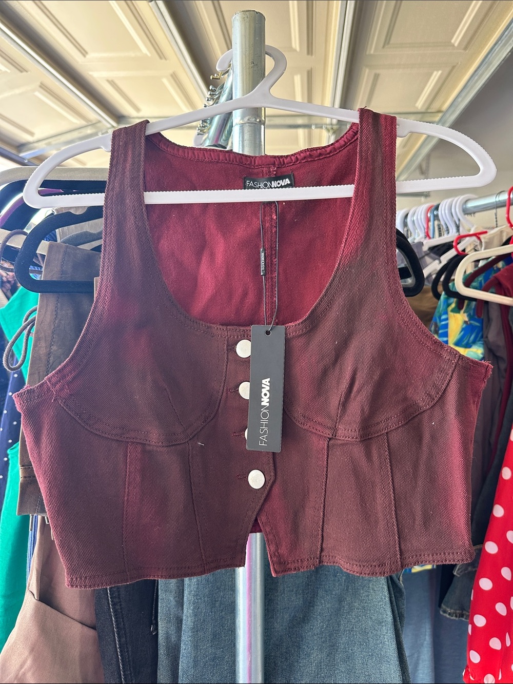 Fashion Nova Burgundy Button-Front Cropped Tank